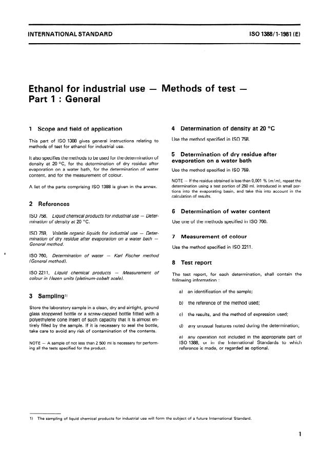 ISO 1388-1:1981 - Ethanol for industrial use -- Methods of test