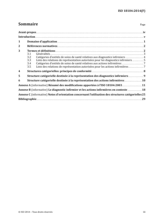 ISO 18104:2014 - Informatique de santé -- Structures catégorielles destinées a la représentation des diagnostics infirmiers et des actions infirmieres dans les systemes terminologiques