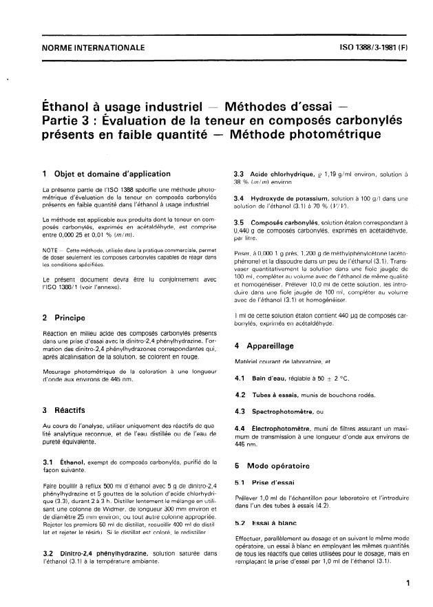 ISO 1388-3:1981 - Éthanol a usage industriel -- Méthodes d'essai