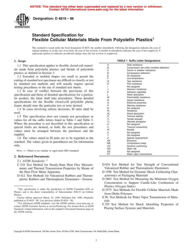 ASTM D4819-96 - Standard Specification for Flexible Cellular Materials Made From Polyolefin Plastics