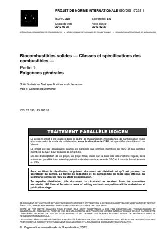 ISO 17225-1:2014 - Biocombustibles solides -- Classes et spécifications des combustibles