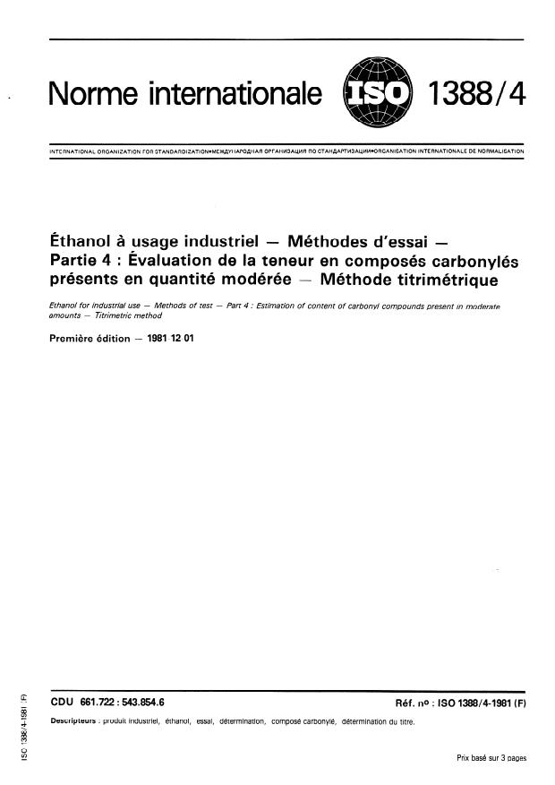 ISO 1388-4:1981 - Éthanol a usage industriel -- Méthodes d'essai