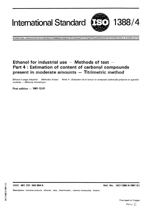 ISO 1388-4:1981 - Ethanol for industrial use -- Methods of test