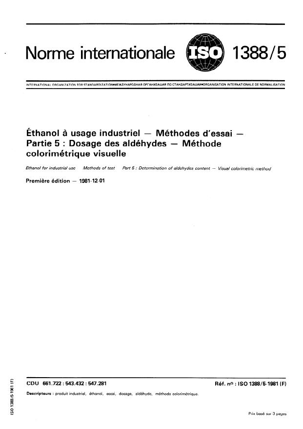 ISO 1388-5:1981 - Éthanol a usage industriel -- Méthodes d'essai
