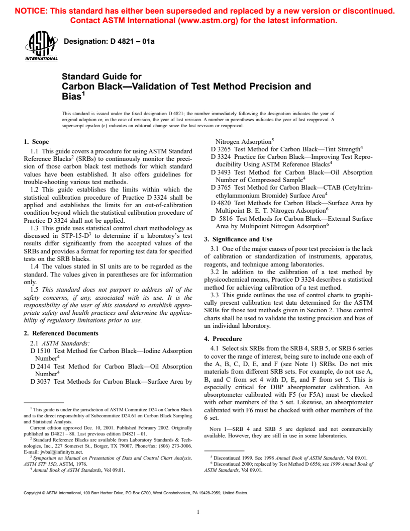ASTM D4821-01a - Standard Guide for Carbon Black&#8212;Validation of Test Method Precision and Bias
