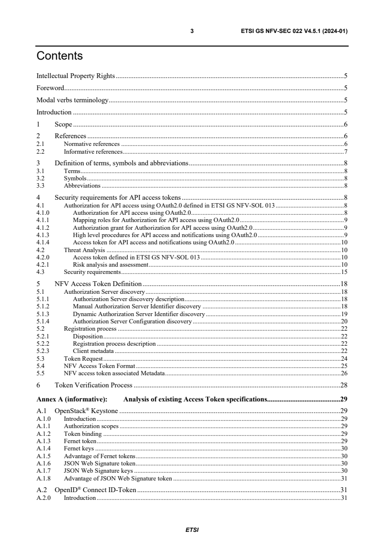 ETSI GS NFV-SEC 022 V4.5.1 (2024-01) - Network Functions Virtualisation (NFV) Release 4; Security; Access Token Specification for API Access