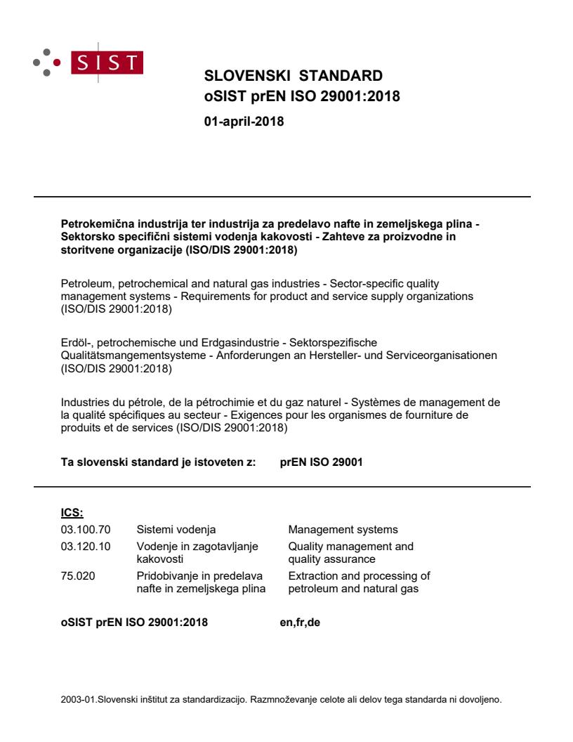 prEN ISO 29001:2018 - BARVE
