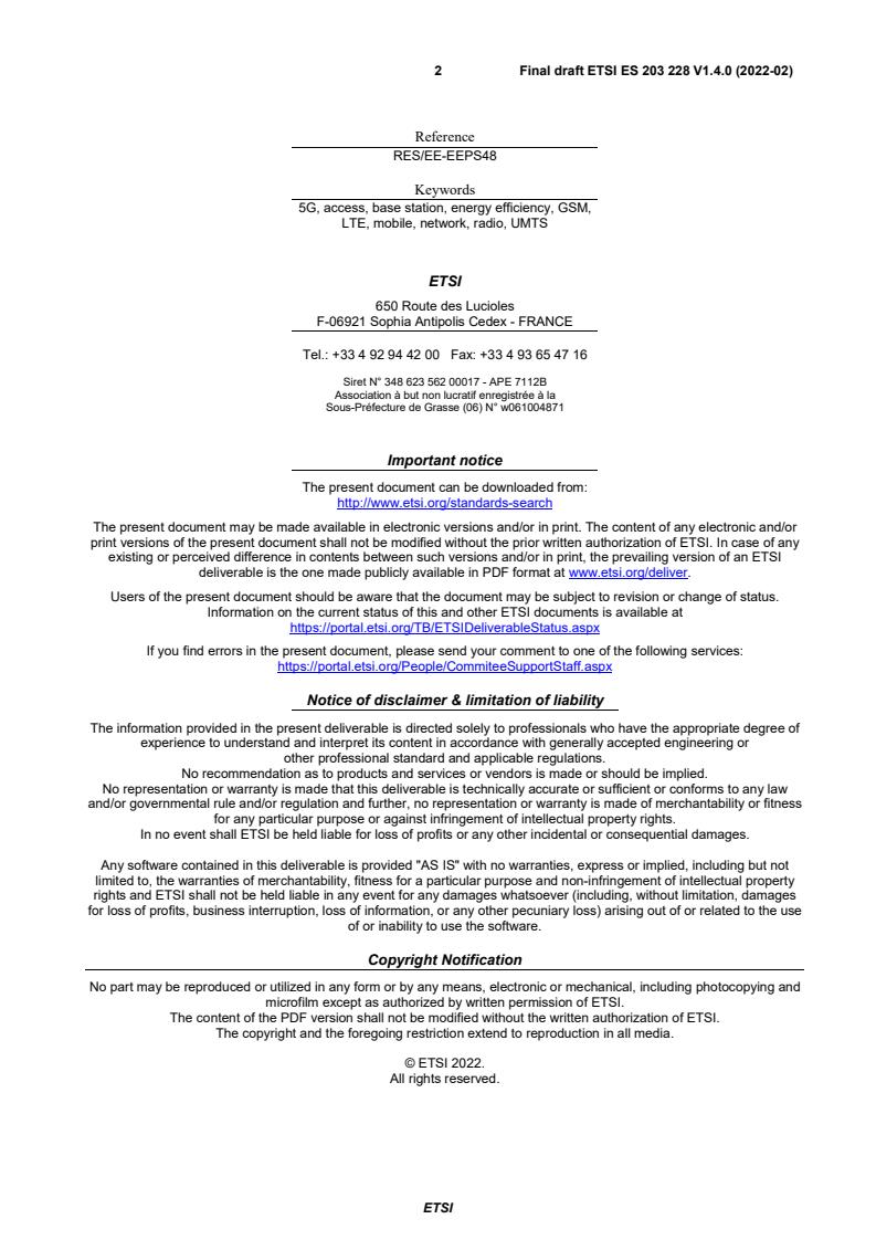 SIST ES 203 228 V1.4.1:2022 ETSI ES 203 228 V1.4.0 (2022-02) - Environmental Engineering (EE); Assessment of mobile network energy efficiency - Page 2 preview