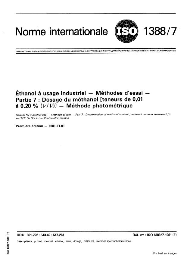 ISO 1388-7:1981 - Éthanol a usage industriel -- Méthodes d'essai