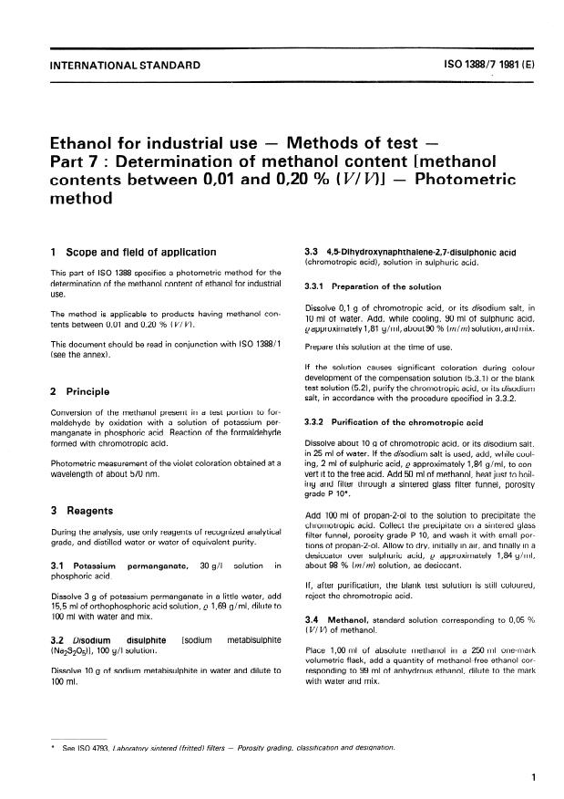 ISO 1388-7:1981 - Ethanol for industrial use -- Methods of test
