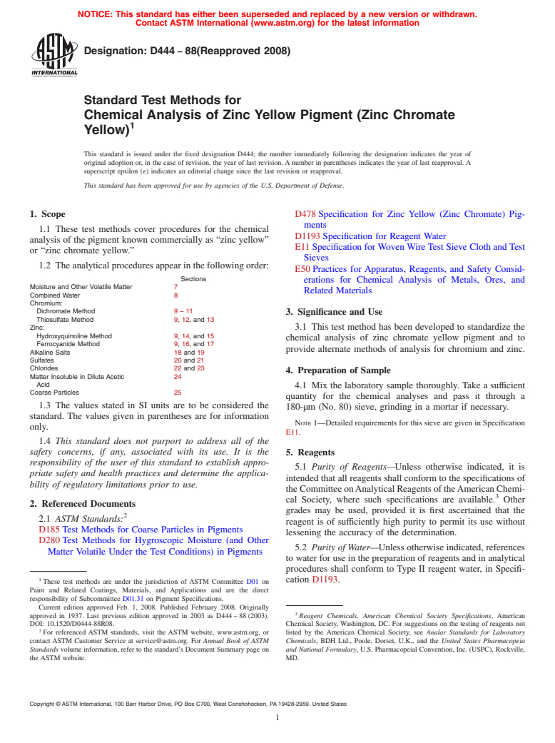 ASTM D444-88(2008) - Standard Test Methods for  Chemical Analysis of Zinc Yellow Pigment (Zinc Chromate Yellow)