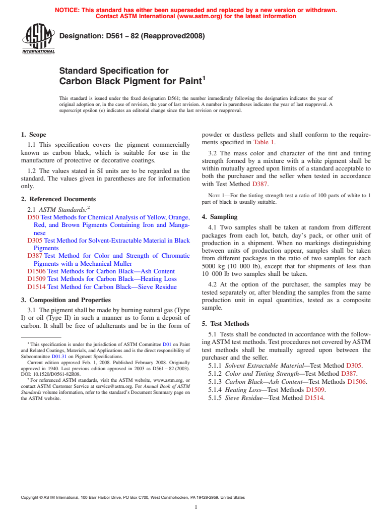 ASTM D561-82(2008) - Standard Specification for  Carbon Black Pigment for Paint