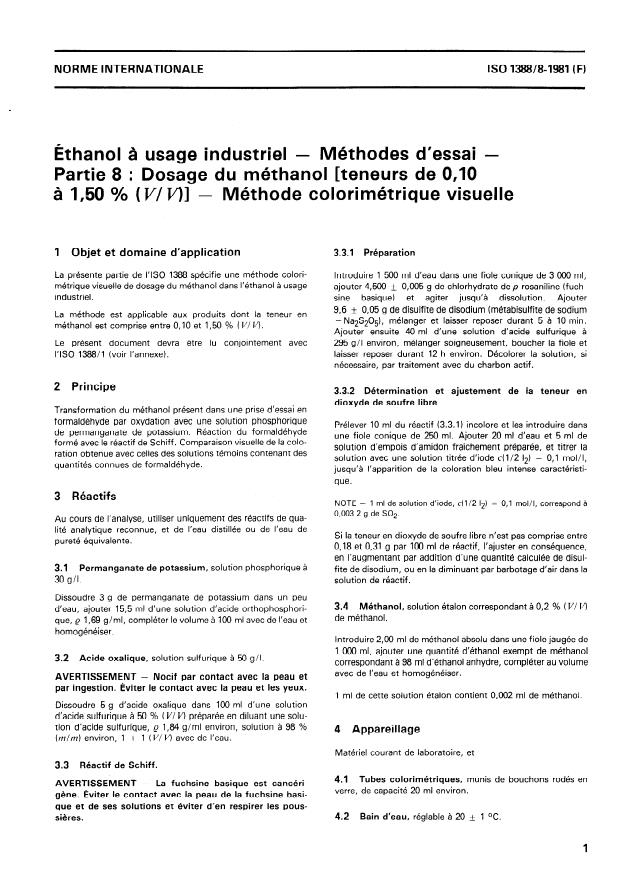 ISO 1388-8:1981 - Éthanol a usage industriel -- Méthodes d'essai