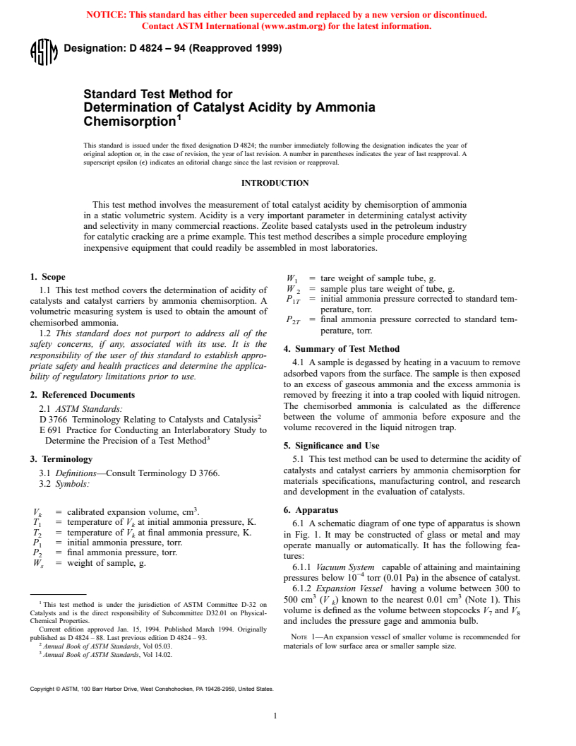 ASTM D4824-94(1999) - Standard Test Method for Determination of Catalyst Acidity by Ammonia Chemisorption