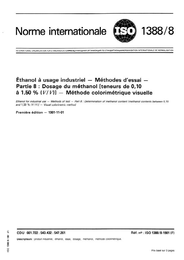 ISO 1388-8:1981 - Éthanol a usage industriel -- Méthodes d'essai