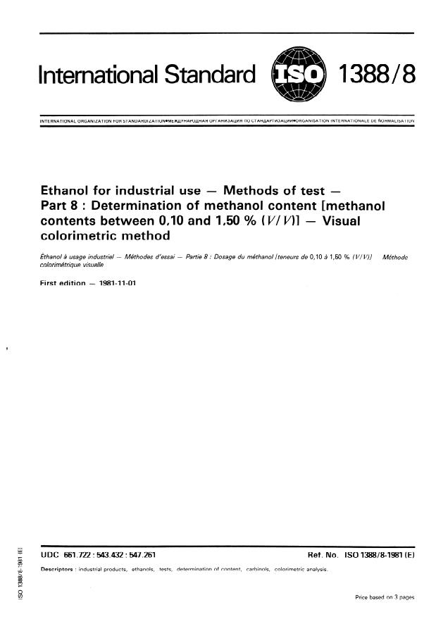 ISO 1388-8:1981 - Ethanol for industrial use -- Methods of test