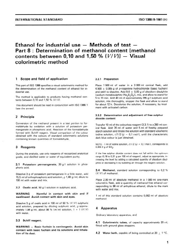 ISO 1388-8:1981 - Ethanol for industrial use -- Methods of test