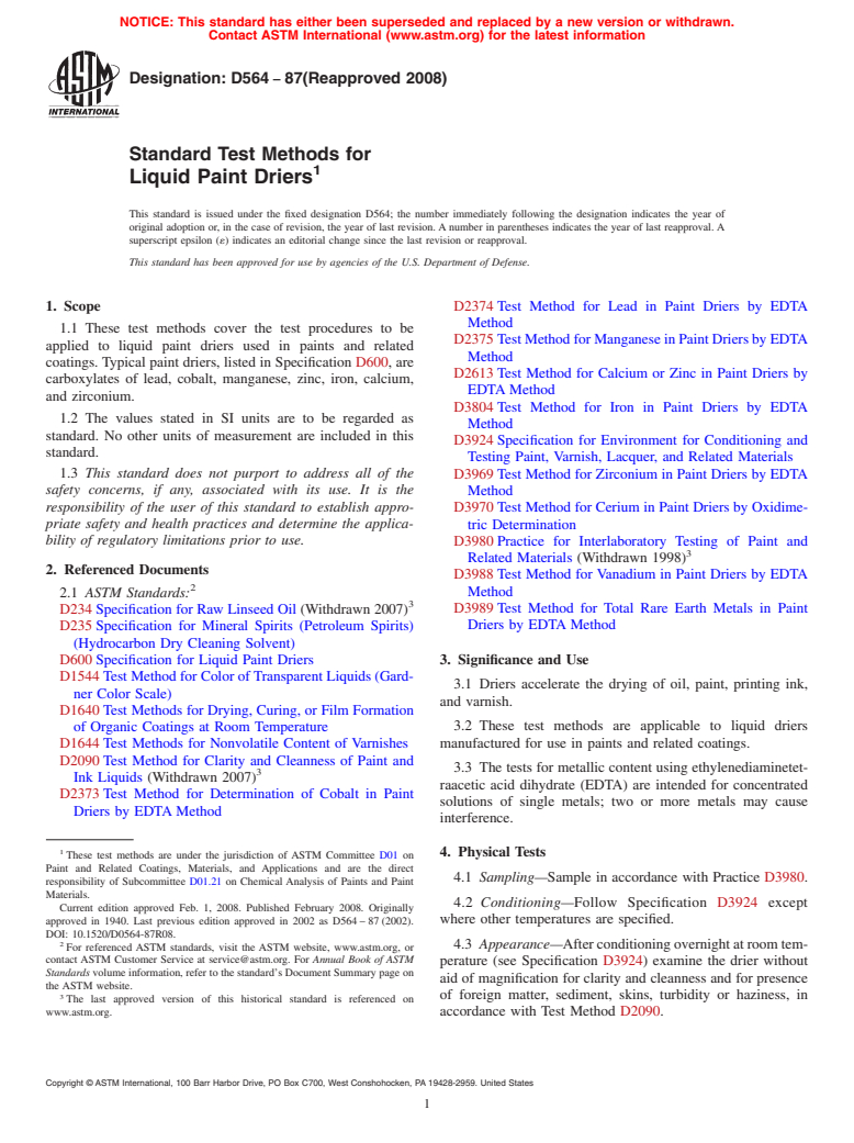 ASTM D564-87(2008) - Standard Test Methods for Liquid Paint Driers