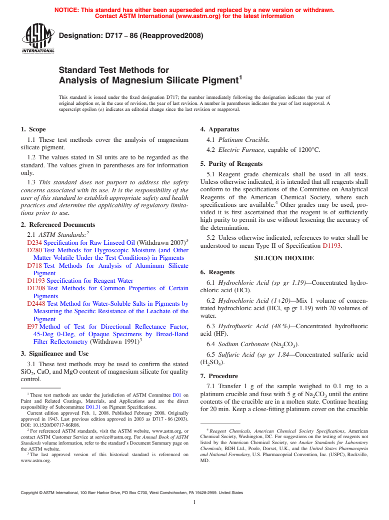 ASTM D717-86(2008) - Standard Test Methods for  Analysis of Magnesium Silicate Pigment