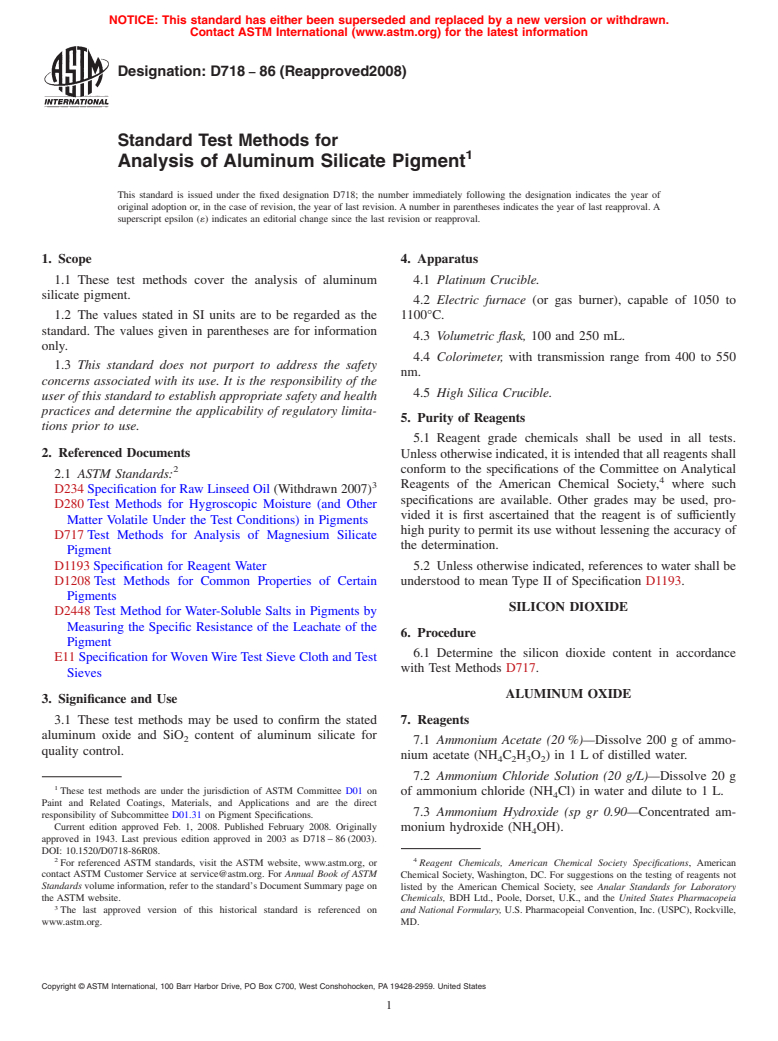 ASTM D718-86(2008) - Standard Test Methods for  Analysis of Aluminum Silicate Pigment