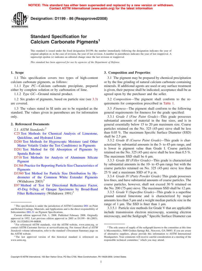 ASTM D1199-86(2008) - Standard Specification for Calcium Carbonate Pigments