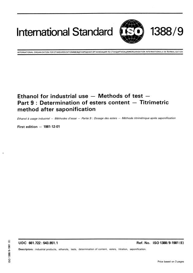 ISO 1388-9:1981 - Ethanol for industrial use -- Methods of test