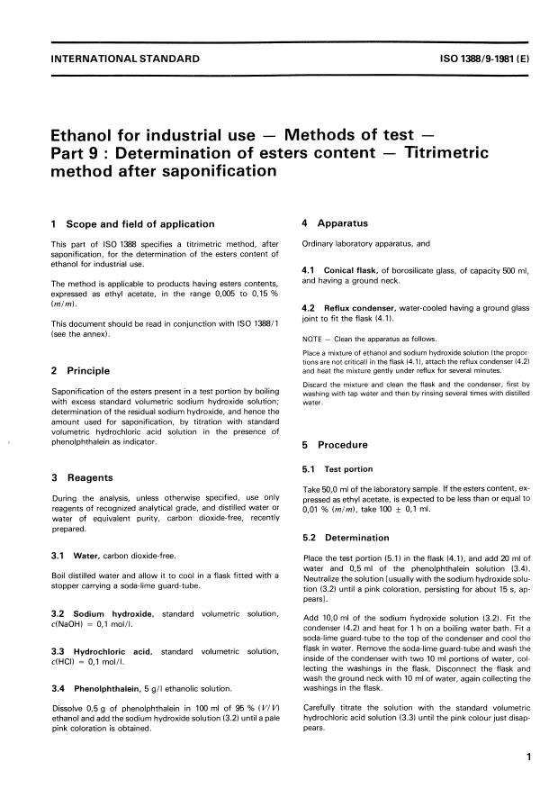 ISO 1388-9:1981 - Ethanol for industrial use -- Methods of test