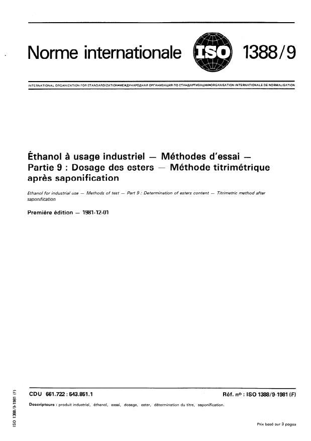 ISO 1388-9:1981 - Éthanol a usage industriel -- Méthodes d'essai