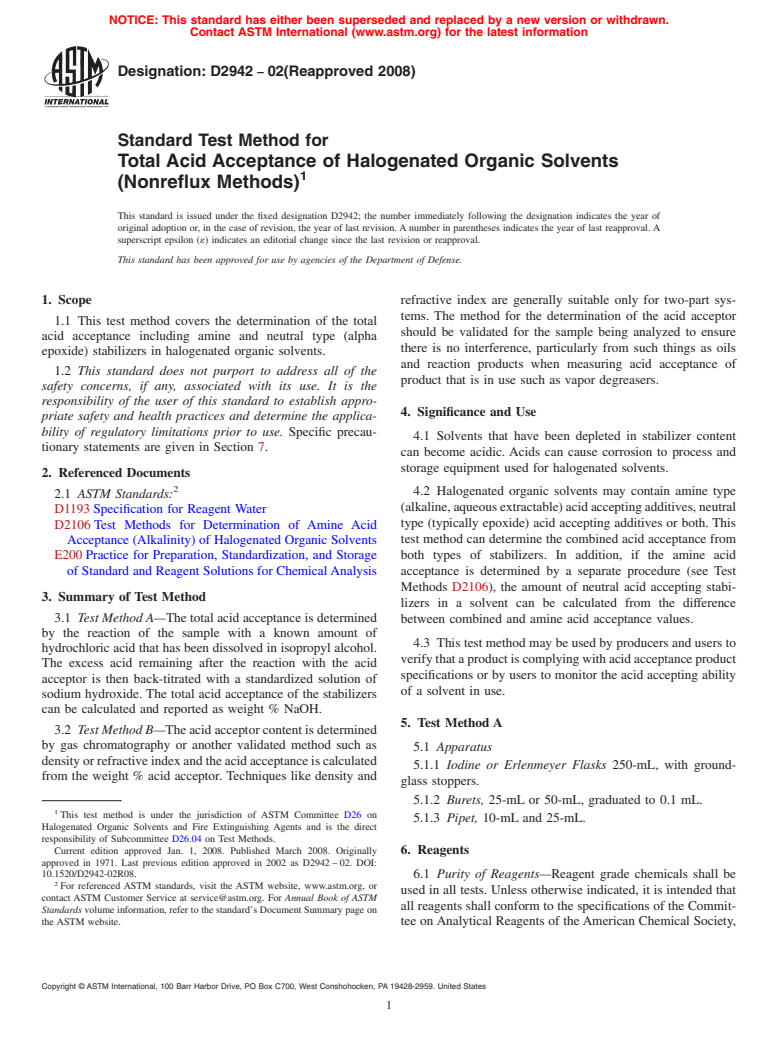 ASTM D2942-02(2008) - Standard Test Method for  Total Acid Acceptance of Halogenated Organic Solvents (Nonreflux Methods)