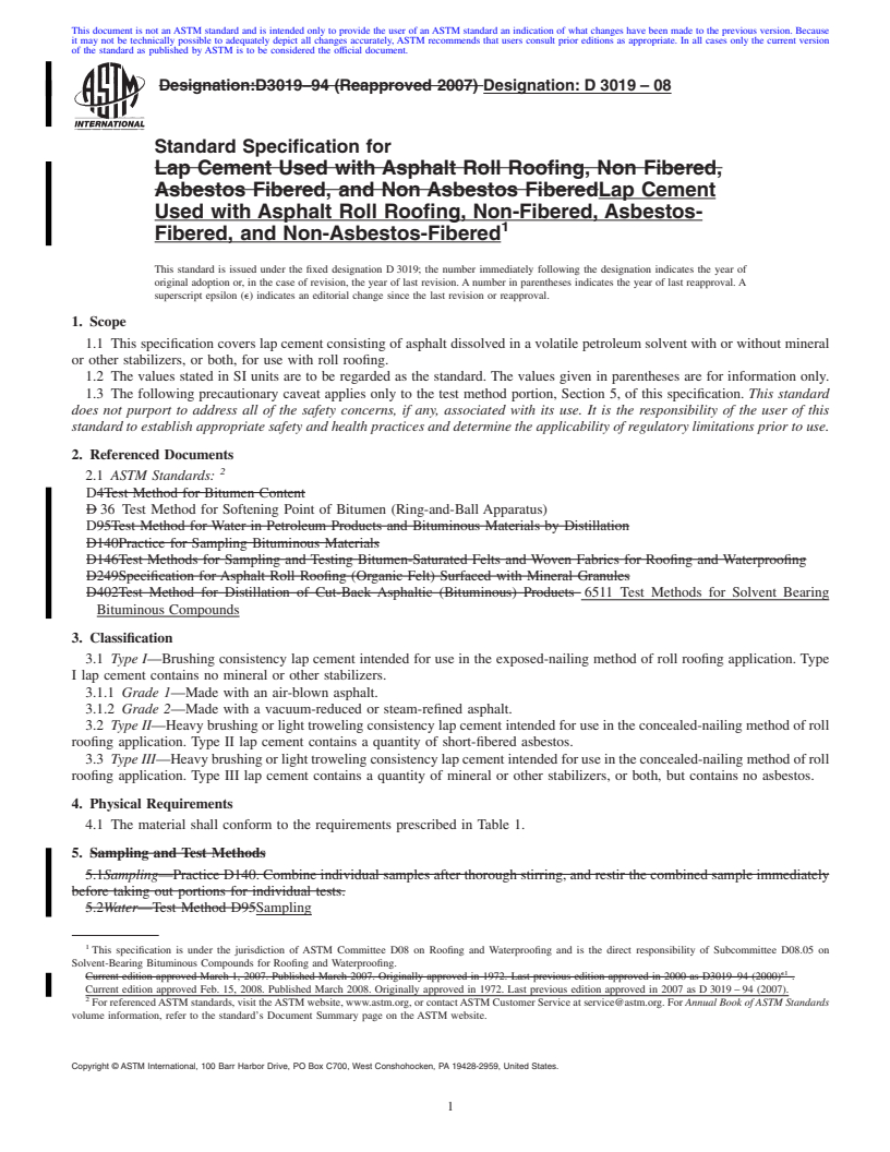 REDLINE ASTM D3019-08 - Standard Specification for  Lap Cement Used with Asphalt Roll Roofing, Non-Fibered, Asbestos-Fibered, and Non-Asbestos-Fibered