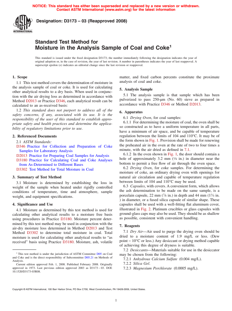 ASTM D3173-03(2008) - Standard Test Method for  Moisture in the Analysis Sample of Coal and Coke