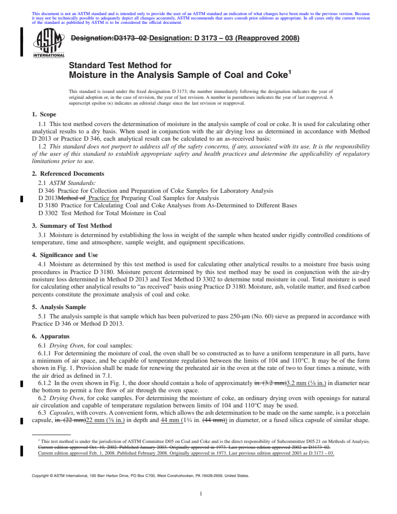 REDLINE ASTM D3173-03(2008) - Standard Test Method for  Moisture in the Analysis Sample of Coal and Coke