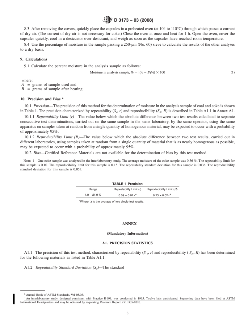 REDLINE ASTM D3173-03(2008) - Standard Test Method for  Moisture in the Analysis Sample of Coal and Coke