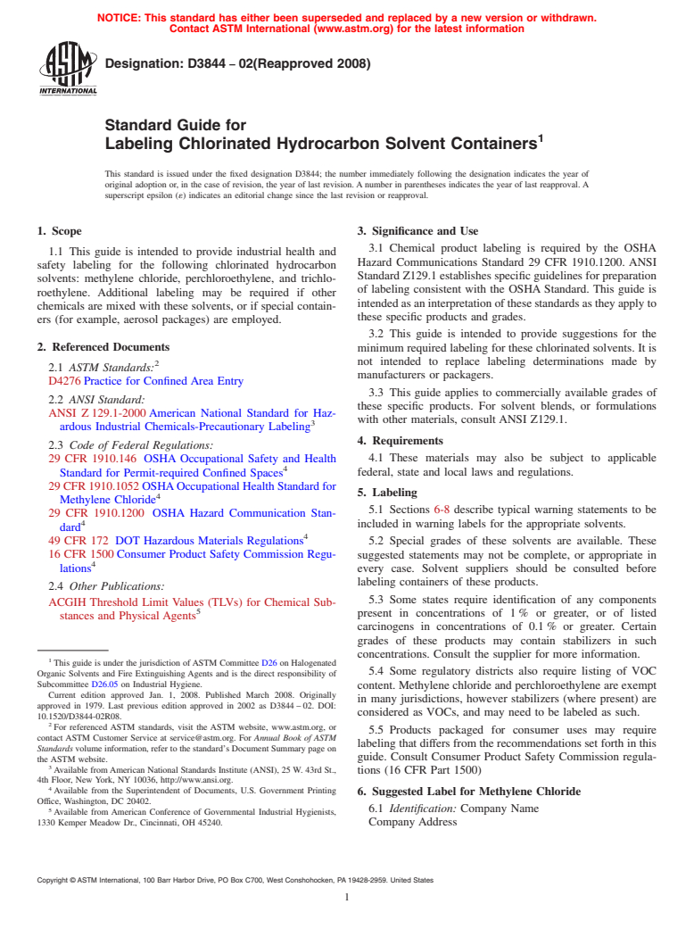 ASTM D3844-02(2008) - Standard Guide for Labeling Chlorinated Hydrocarbon Solvent Containers (Withdrawn 2013)