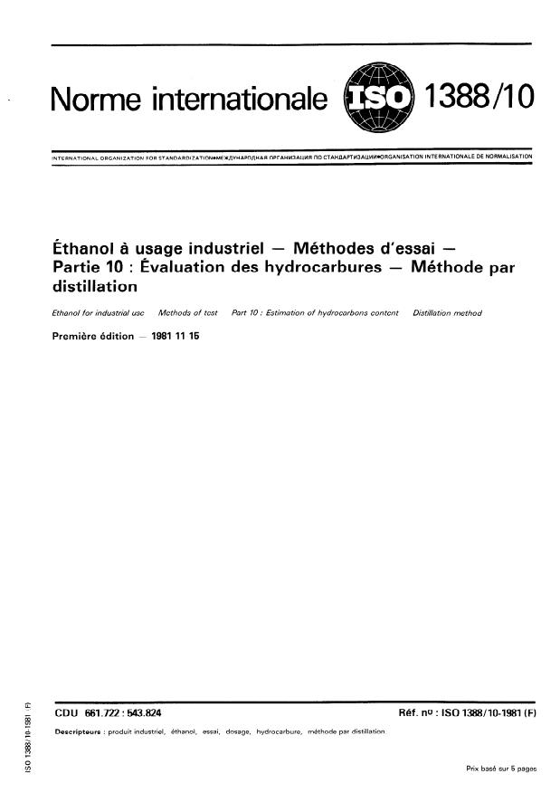 ISO 1388-10:1981 - Éthanol a usage industriel -- Méthodes d'essai
