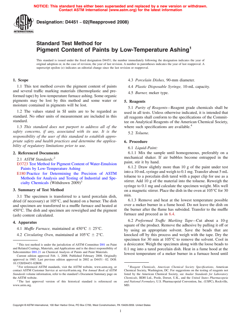 ASTM D4451-02(2008) - Standard Test Method for  Pigment Content of Paints by Low-Temperature Ashing