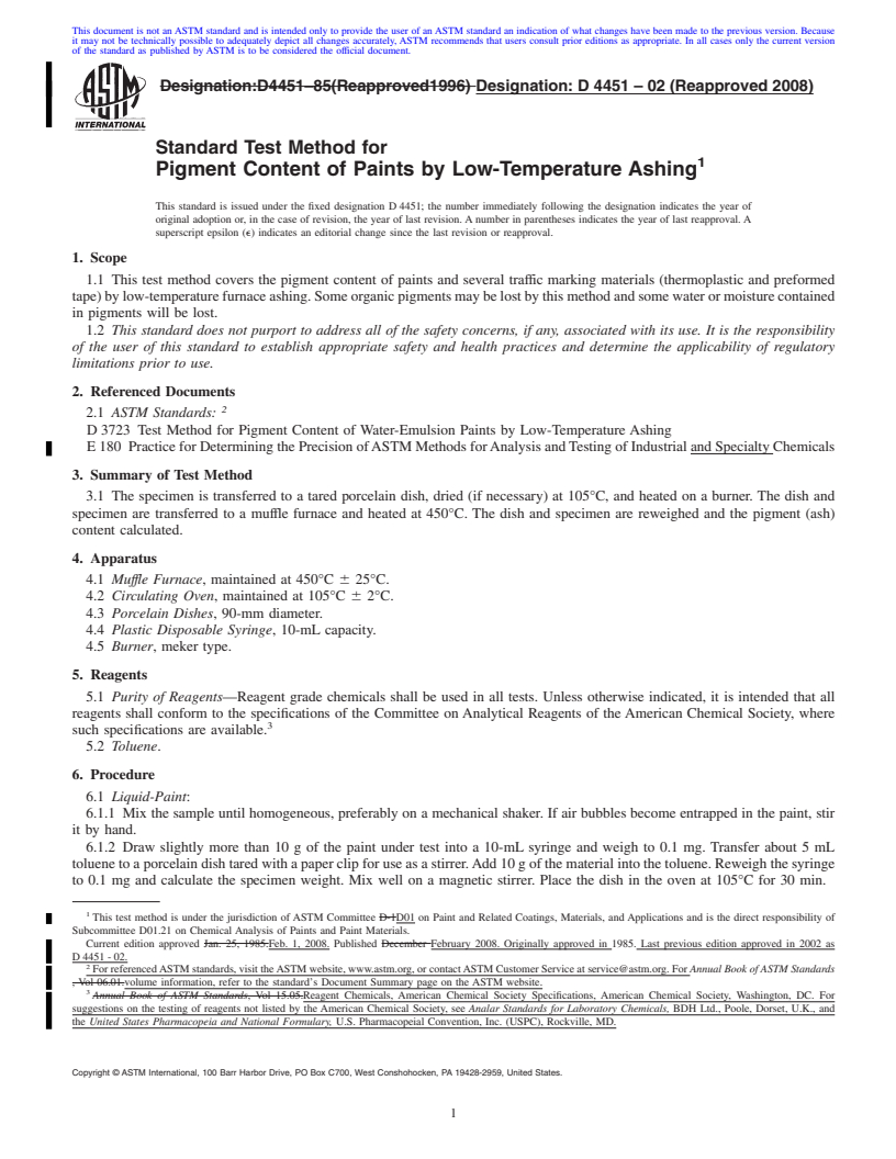 REDLINE ASTM D4451-02(2008) - Standard Test Method for  Pigment Content of Paints by Low-Temperature Ashing