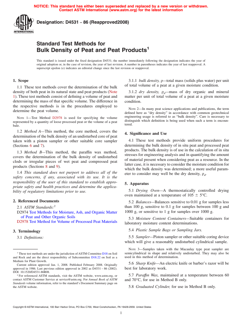 ASTM D4531-86(2008) - Standard Test Methods for  Bulk Density of Peat and Peat Products