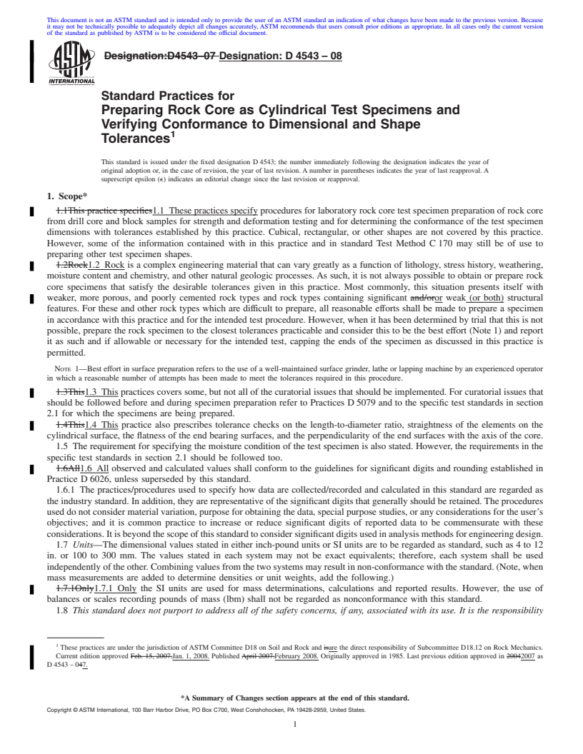 REDLINE ASTM D4543-08 - Standard Practices for  Preparing Rock Core as Cylindrical Test Specimens and Verifying Conformance to Dimensional and Shape Tolerances