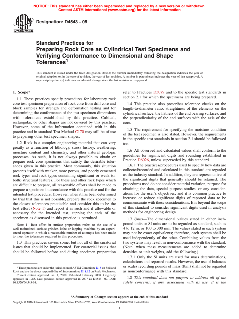 ASTM D4543-08 - Standard Practices for  Preparing Rock Core as Cylindrical Test Specimens and Verifying Conformance to Dimensional and Shape Tolerances