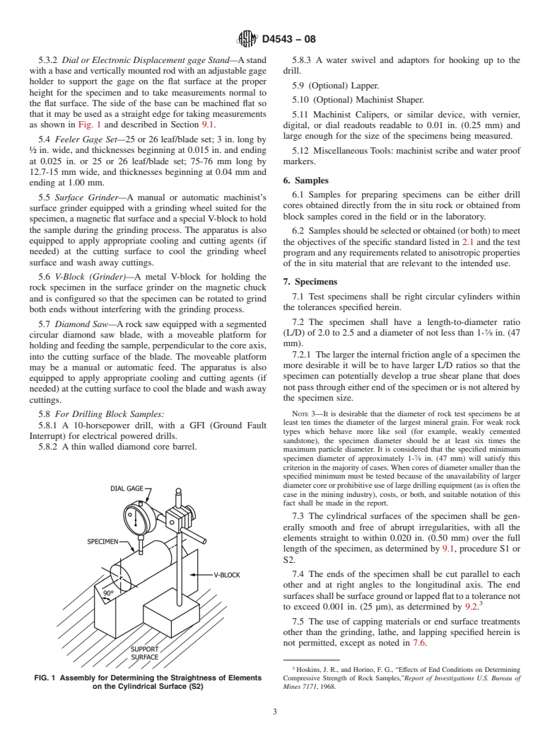 ASTM D4543-08 - Standard Practices for  Preparing Rock Core as Cylindrical Test Specimens and Verifying Conformance to Dimensional and Shape Tolerances