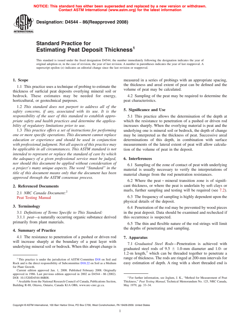 ASTM D4544-86(2008) - Standard Practice for  Estimating Peat Deposit Thickness