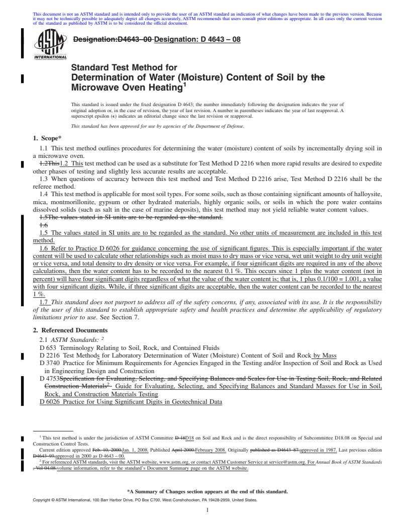 REDLINE ASTM D4643-08 - Standard Test Method for  Determination of Water (Moisture) Content of Soil by Microwave Oven Heating