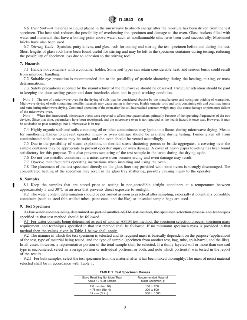 REDLINE ASTM D4643-08 - Standard Test Method for  Determination of Water (Moisture) Content of Soil by Microwave Oven Heating