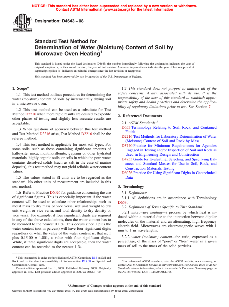 ASTM D4643-08 - Standard Test Method for  Determination of Water (Moisture) Content of Soil by Microwave Oven Heating