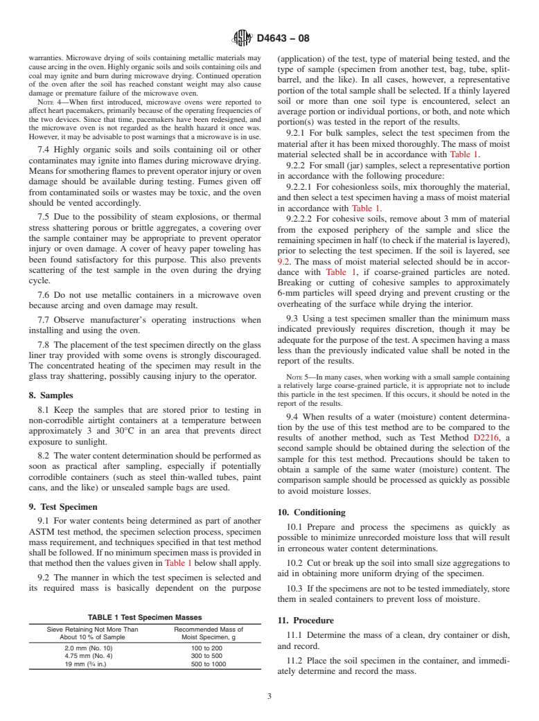 ASTM D4643-08 - Standard Test Method for  Determination of Water (Moisture) Content of Soil by Microwave Oven Heating