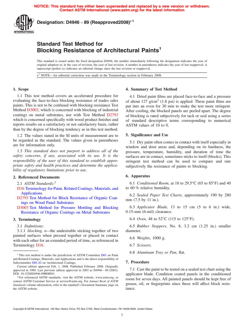 ASTM D4946-89(2008)e1 - Standard Test Method for Blocking Resistance of Architectural Paints