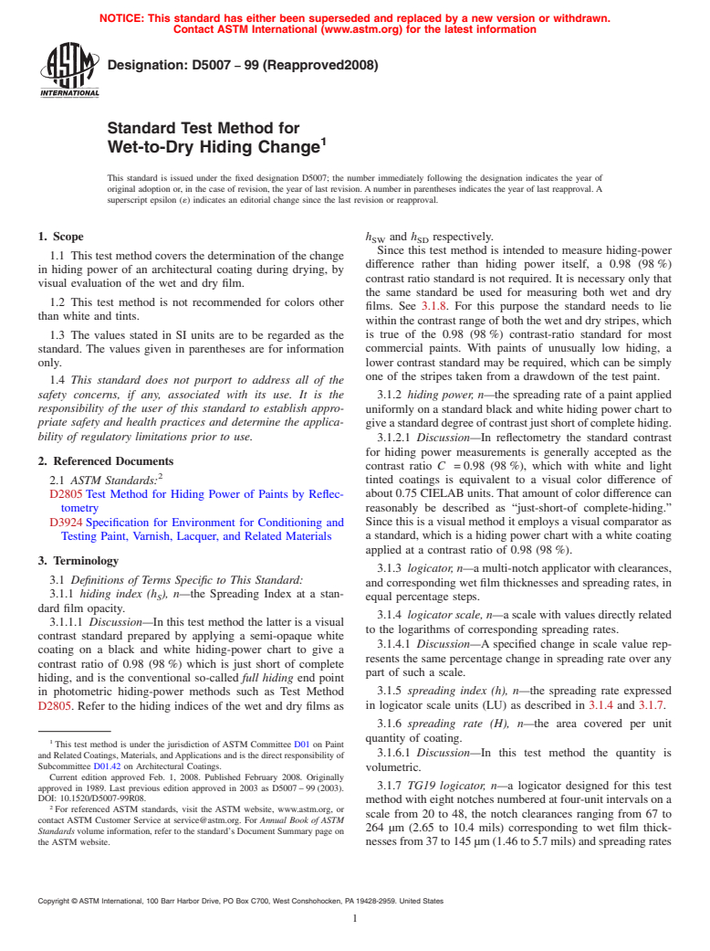 ASTM D5007-99(2008) - Standard Test Method for  Wet-to-Dry Hiding Change