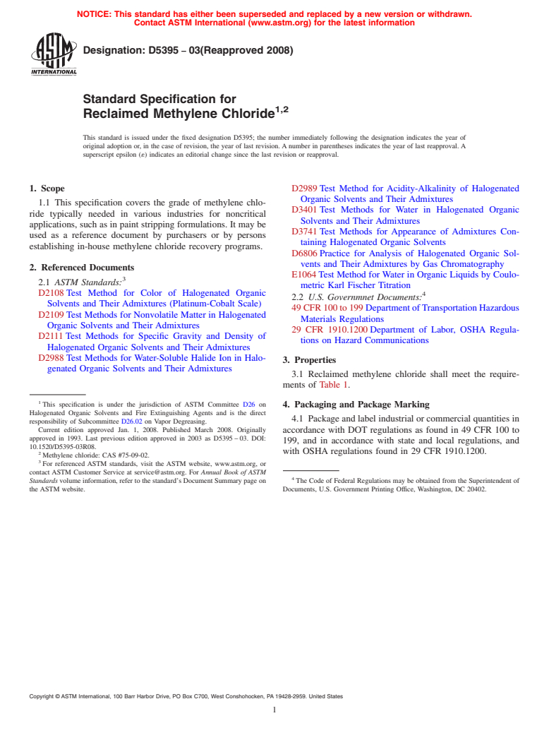 ASTM D5395-03(2008) - Standard Specification for Reclaimed Methylene Chloride  <a href="#fn00002"></a>