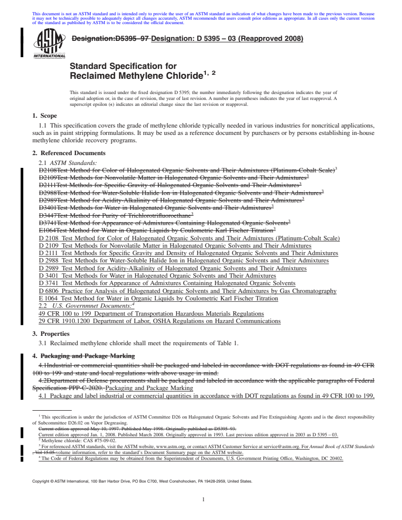 REDLINE ASTM D5395-03(2008) - Standard Specification for Reclaimed Methylene Chloride  <a href="#fn00002"></a>